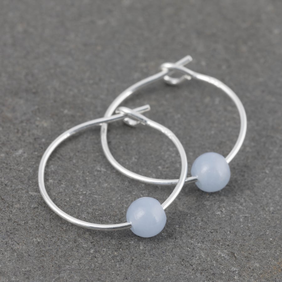 Boho Tiny Pale Blue Angelite Gemstone & 15mm Sterling Silver Hoop Earrings