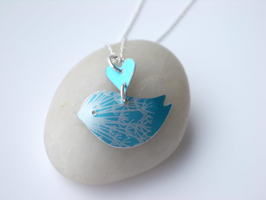 Bird necklace with dandelion clock seed print in turquoise  and silver 