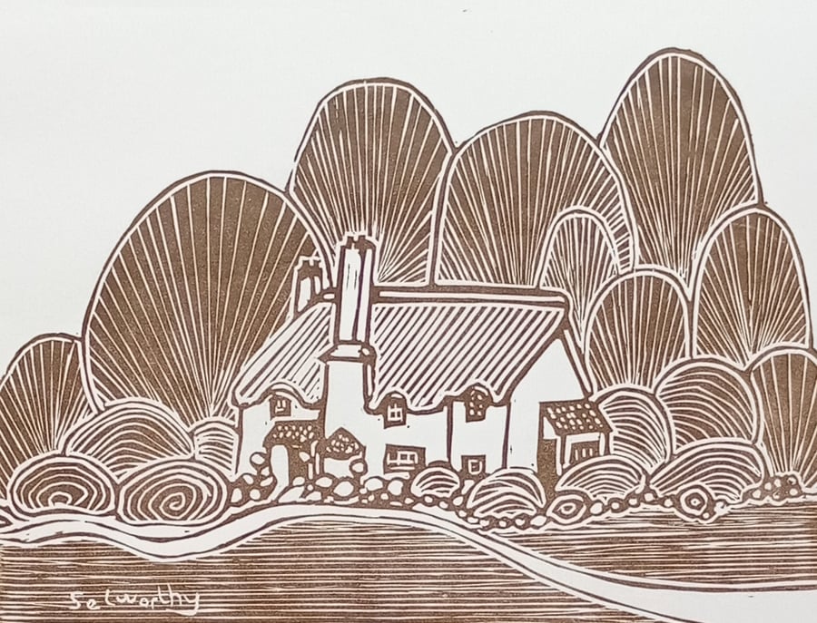Limited edition linoprint Selworthy green gift for lovers of the countryside 