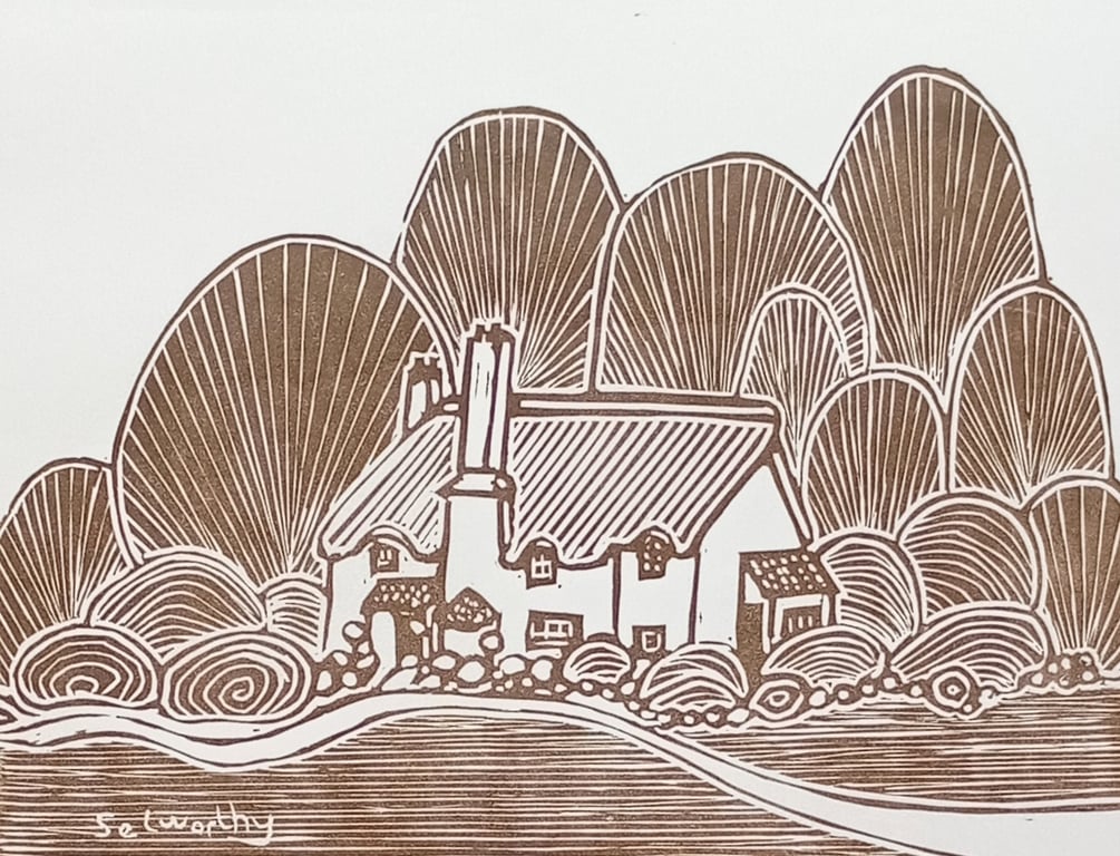 Limited edition linoprint Selworthy green gift for lovers of the countryside 