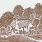Limited edition linoprint Selworthy green gift for lovers of the countryside 