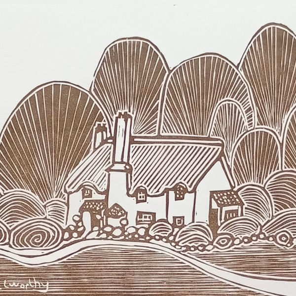 Limited edition linoprint Selworthy green gift for lovers of the countryside 