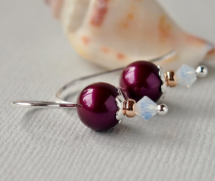 Plum Swarovski Pearl Earrings - Blackberry - Sterling Silver