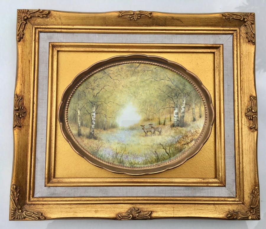 Deer in the Bluebells. Handpainted framed ornate china  dish 