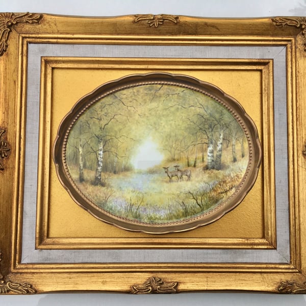 Deer in the Bluebells. Handpainted framed ornate china  dish 