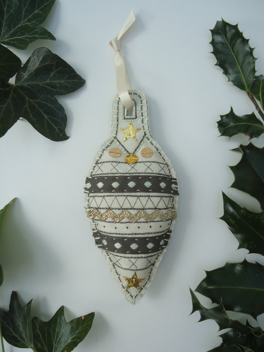 Linen Teardrop Bauble, Brown and Gold