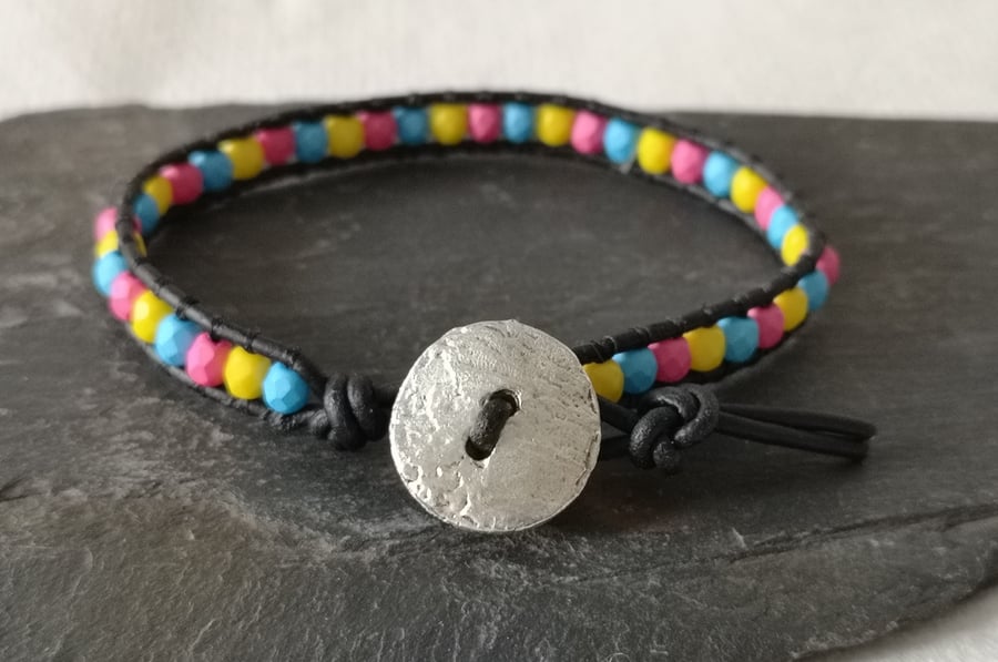Pansexual colour bead and leather bracelet, LGBTQ 