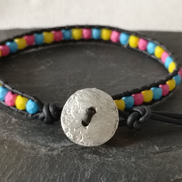 Pansexual colour bead and leather bracelet, LGBTQ 