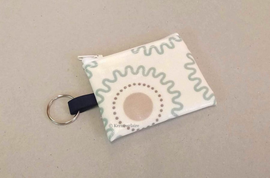 Mini coin purse key ring in white, aqua and beige