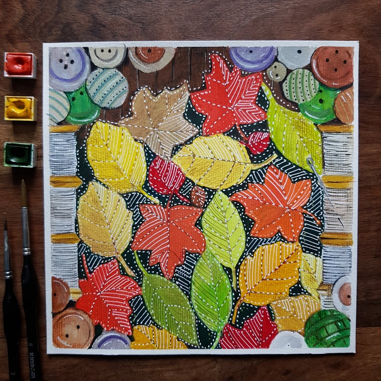 Autumn leaves slow stitching quilt original artwork 