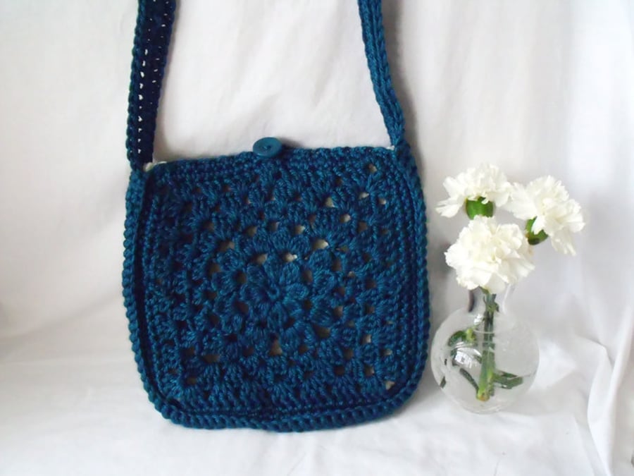 peacock green crocheted cotton granny square lined shoulder bag 
