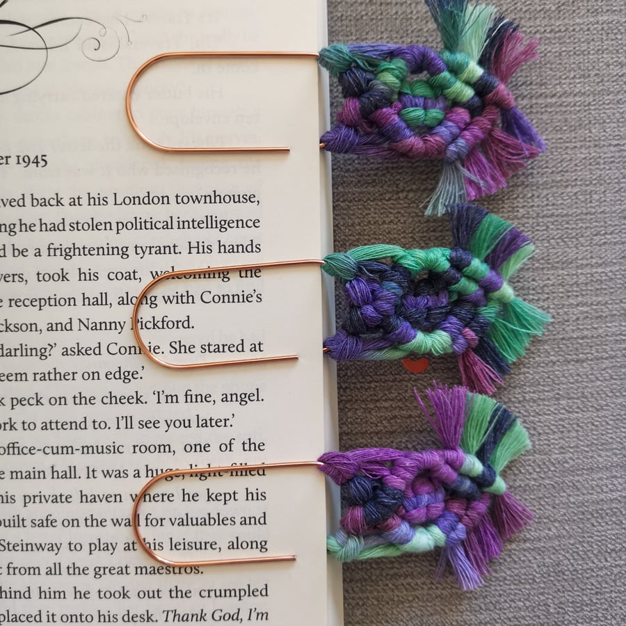 Handmade macrame paperclip bookmarks, page markers, set of 3