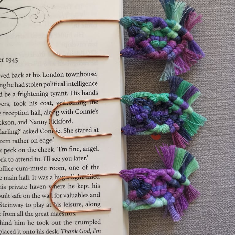 Handmade macrame paperclip bookmarks, page markers, set of 3