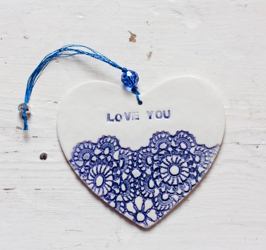 "Love You" porcelain heart in blue