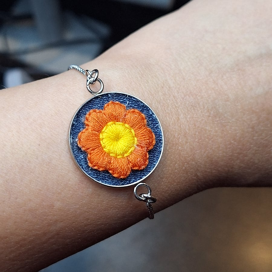 Spring Daisy Bracelet – Orange and Yellow Flower on Denim – Adjustable Chain