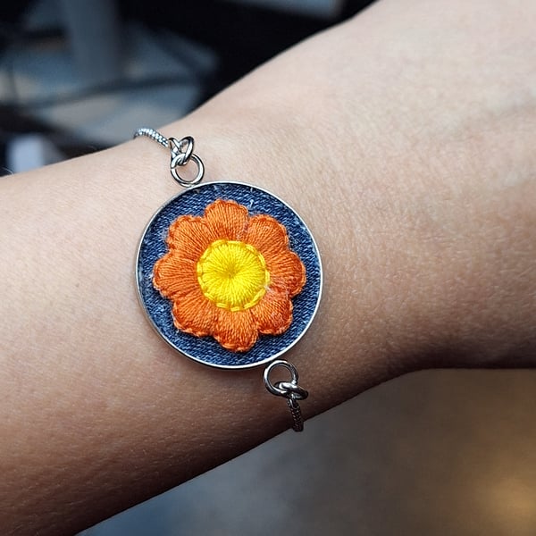 Spring Daisy Bracelet – Orange and Yellow Flower on Denim – Adjustable Chain