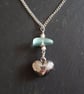 Sea Glass Heart Necklace - Aqua Sea Glass Bead and Silver Heart Charm