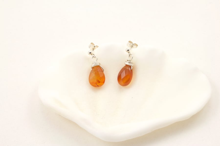 Carnelian Faceted Briolette Sterling Silver Drop Stud Earrings