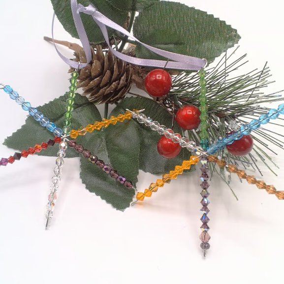 2 Multi Coloured Crystal Christmas Star Tree Decorations, Xmas Star Baubles