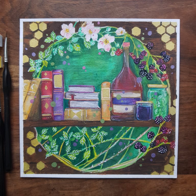 Forager's Shelf - Blackberries and Books, original artwork 