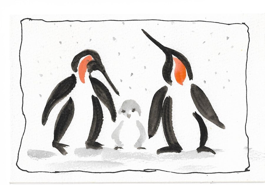Penguin family Christmas card. Original painting