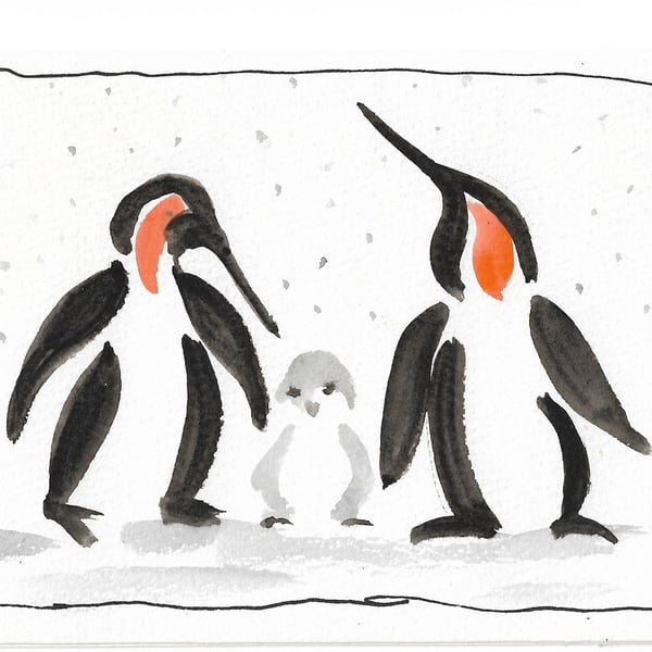 Penguin family Christmas card. Original painting