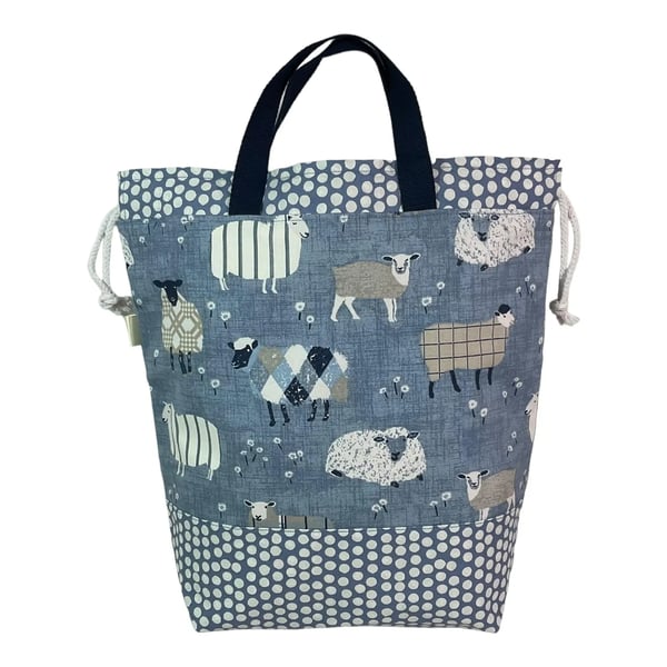 Extra Large drawstring knitting and project bag with blue sheep print,