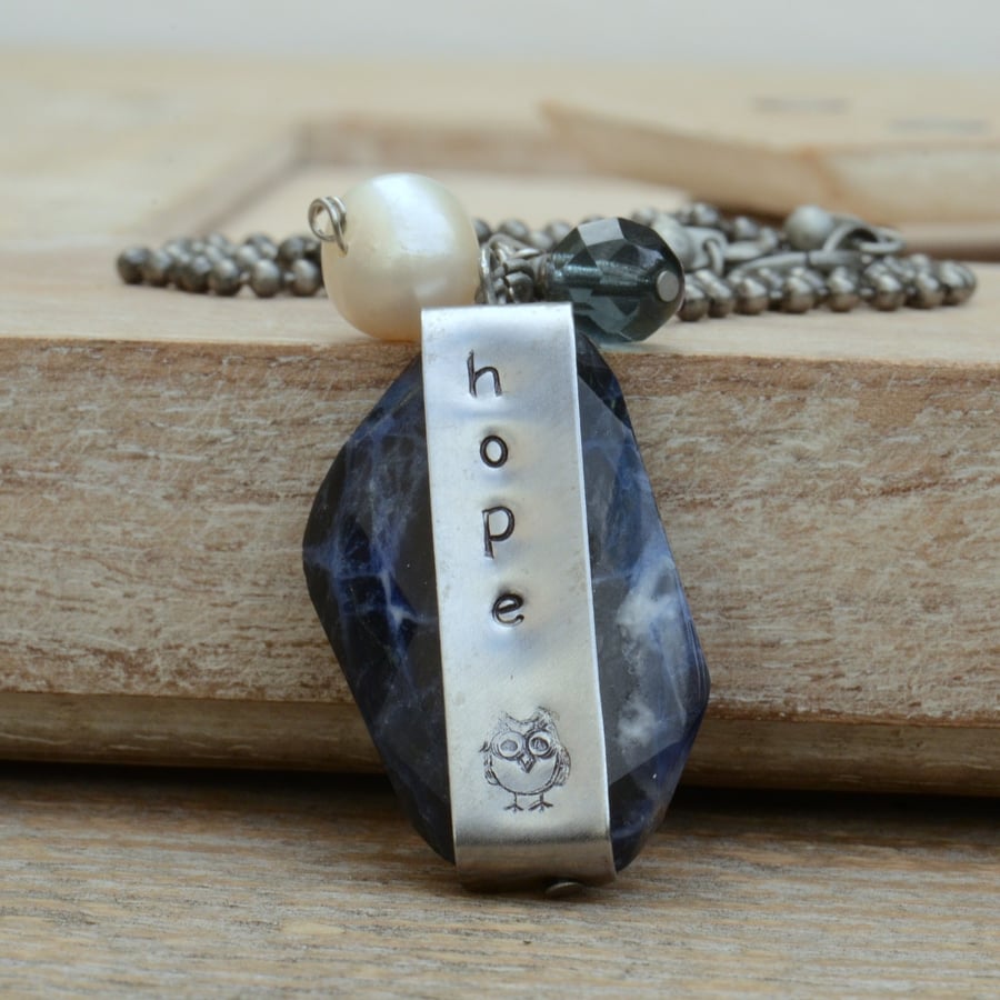 Sodalite Gemstone Necklace with Hand Stamped Hope Bar, Freshwater Pearl & Bead