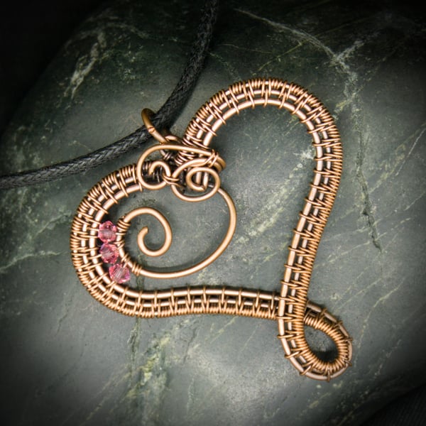 October Copper Heart Birthstone Pendant - Rose Crystal Beads