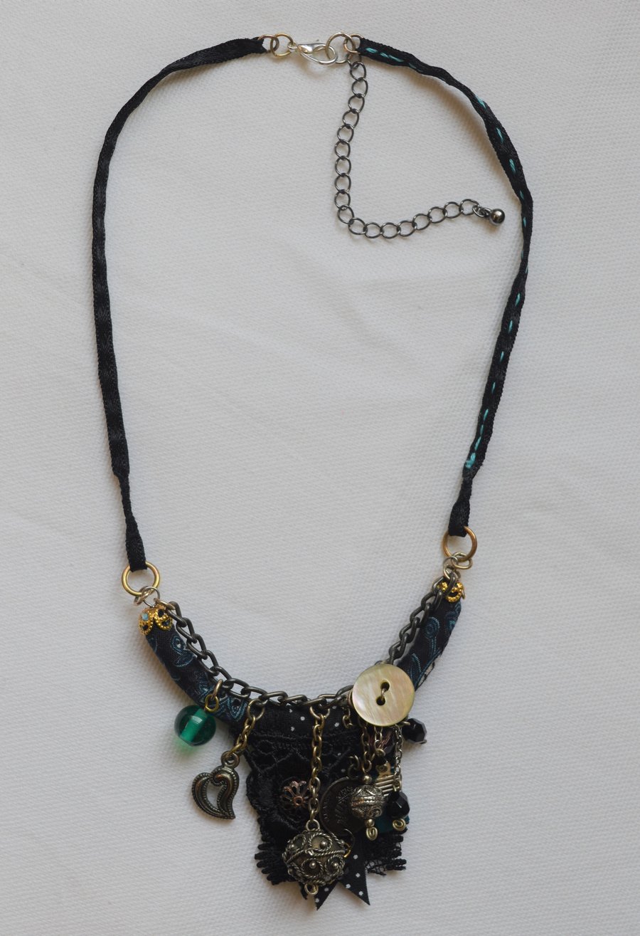 Textile and Bead Pendant Necklace
