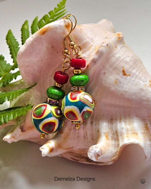 Hand Made Polymer Clay Beads, Red Coral & Howlite Gold Plate Earrings