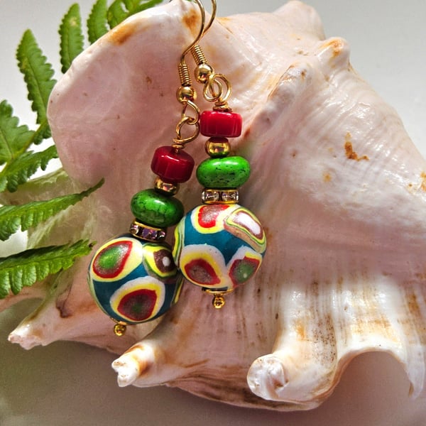 Hand Made Polymer Clay Beads, Red Coral & Howlite Gold Plate Earrings