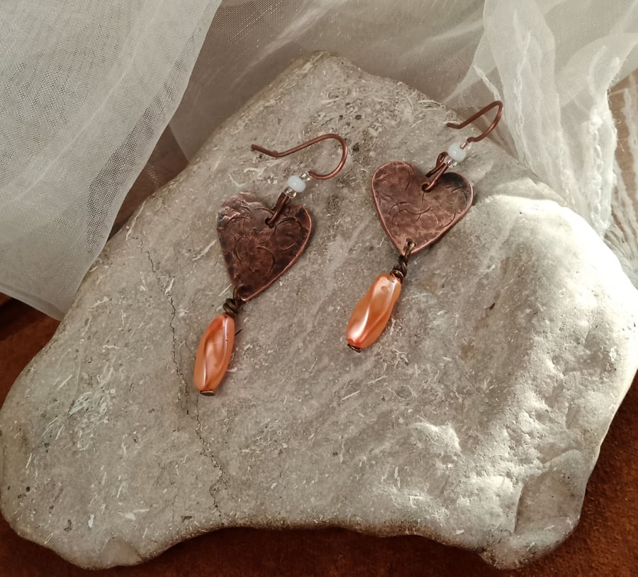 "Love Hearts"  rustic textured copper earrings with shell beads