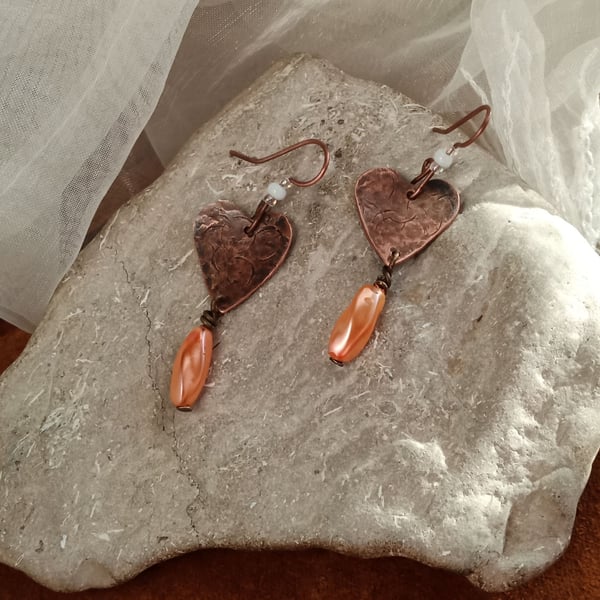 "Love Hearts"  rustic textured copper earrings with shell beads