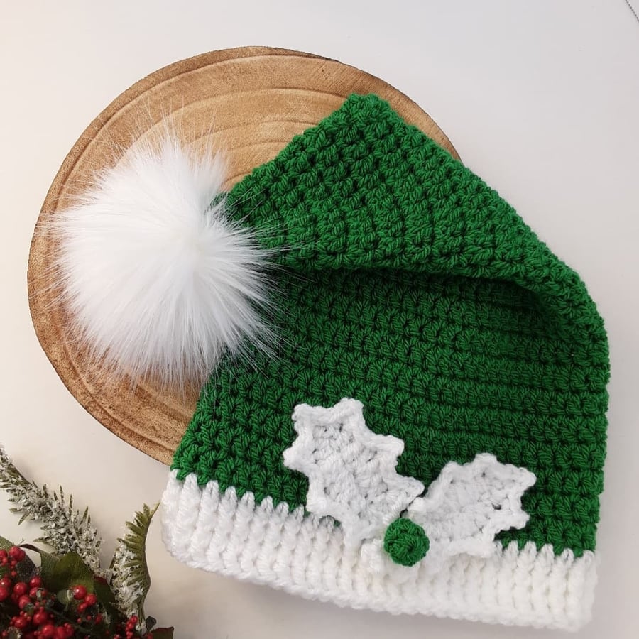 Christmas Santa hat Elf hat Green Faux Fur Pompom 1 2 year Toddler crochet