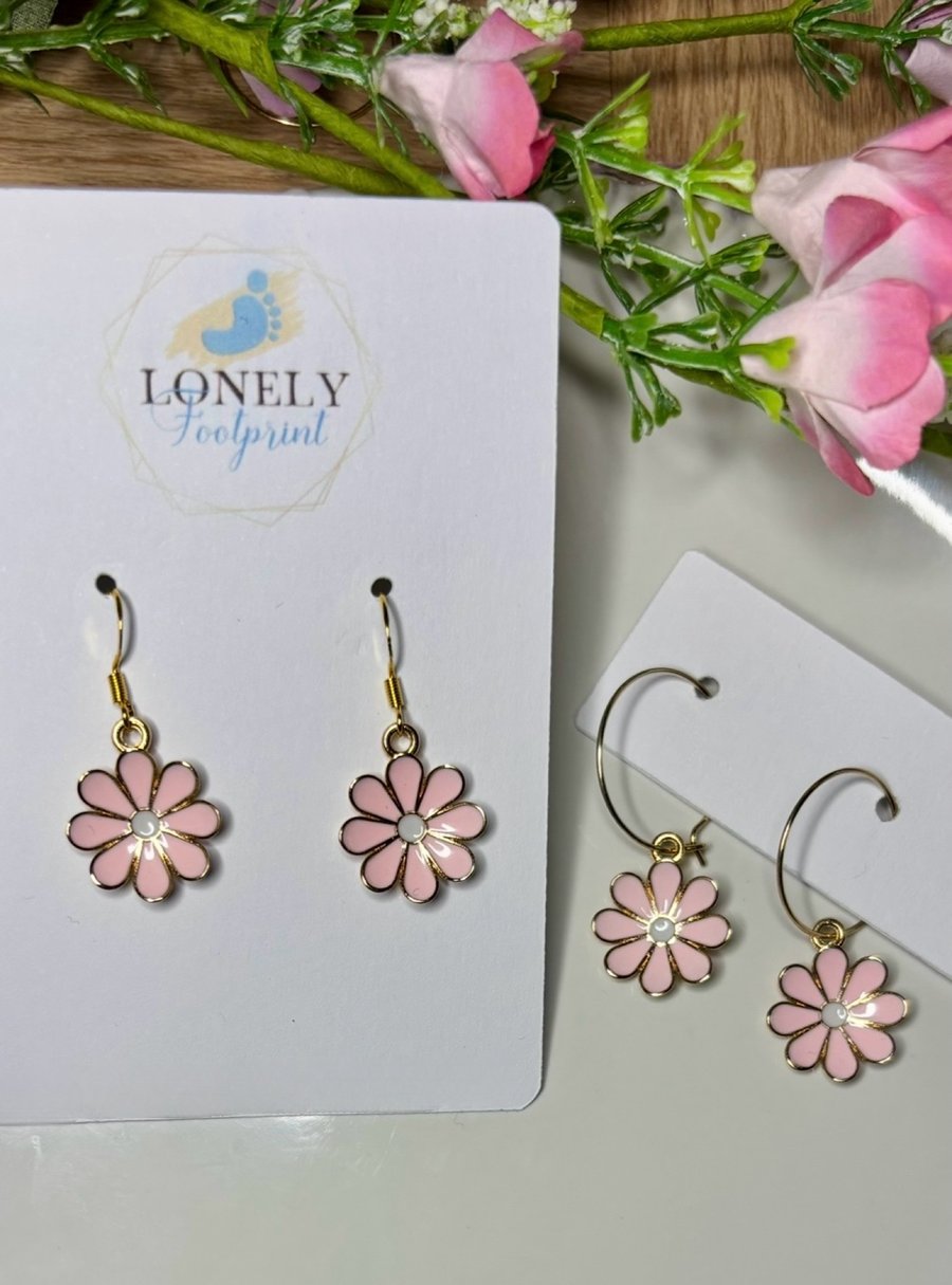 Pink Daisy Earrings, Floral Charms, Handmade Jewellery 