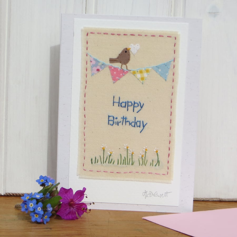 Hand-stitched words, mini bunting and bird with heart - a card to keep!