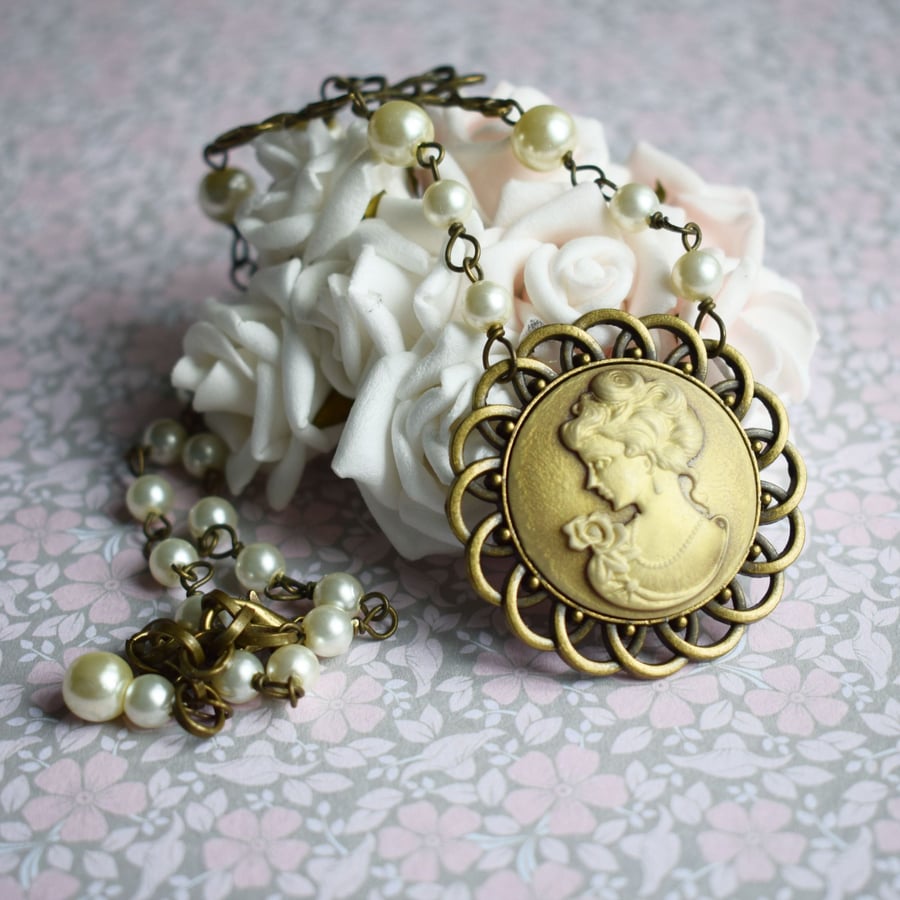 Vintage Style Cameo and Glass Pearls Necklace - Folksy