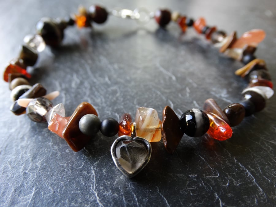 Mixed agate, amber, carnelian, quartz and tigers eye bracelet with smokey quartz