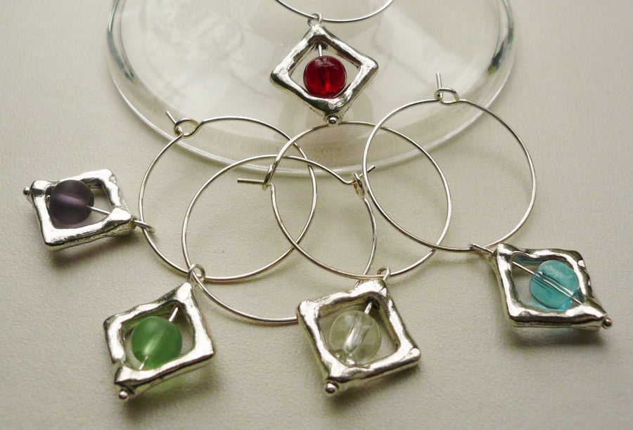  Silver Diamond Framed  Wine Glass Charms Set of 5  WG5
