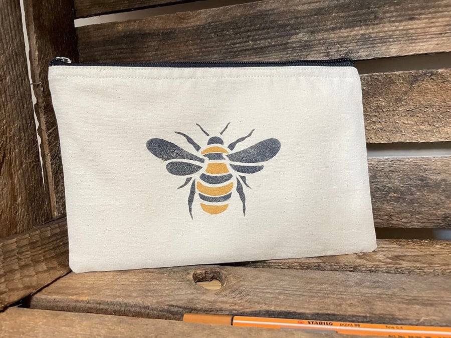 Eco British Bee Hand Printed Zip Bag - Make Up, Gadget, Cosmetic, Pencil case Su