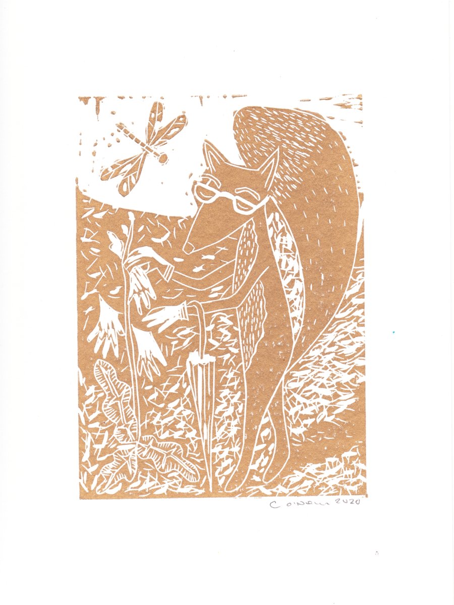 Golden Fox Lino Print - Handmade Print