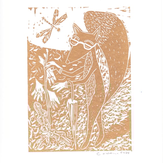 Golden Fox Lino Print - Handmade Print