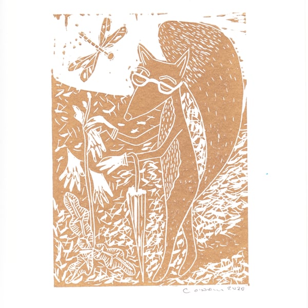 Golden Fox Lino Print - Handmade Print