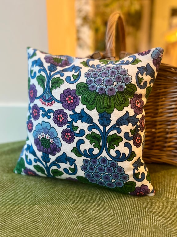 Vintage floral barkcloth cushion cover with green velvet back