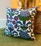 Vintage floral barkcloth cushion cover with green velvet back - Image 1