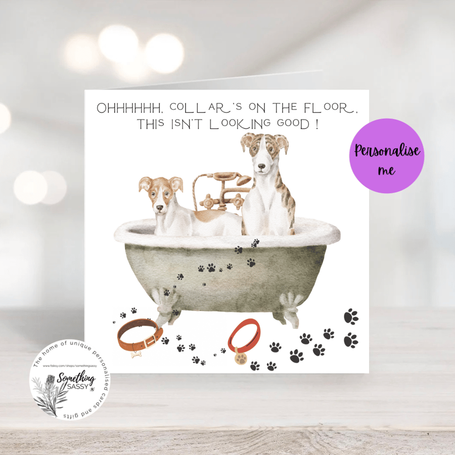 Watercolour Dog in the Bath funny card can be personalised.