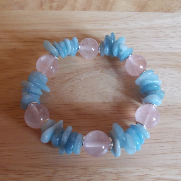 Rose quartz and aquamarine elasticated bracelet