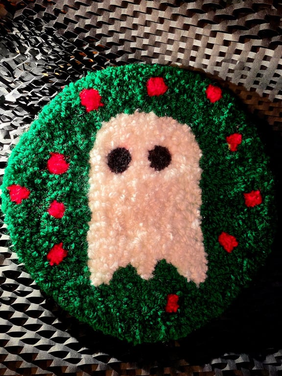 Cute Spook Punch Needle Christmas Ghost large coaster or Desk rug