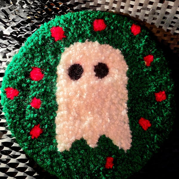 Cute Spook Punch Needle Christmas Ghost large coaster or Desk rug